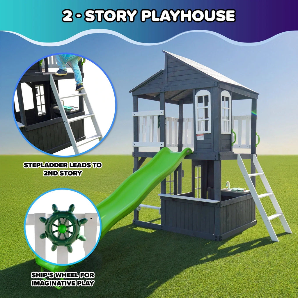 Sportspower Blakely 2-Story Playhouse with 8FT Slide, Working Door, Benches for Rest & Pretend Play Features, for Kids Ages 3-10, Wooden Elevated