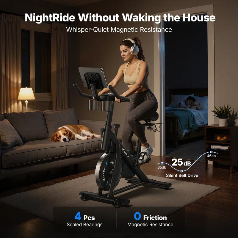 Merach S26 Magnetic Exercise Home Stationary Bike with Free App Quiet Indoor Cycling Bike with 300lbs Weight Capacity Dumbbell Rack