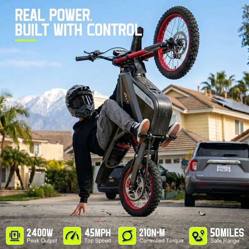 TST GT63 Electric Dirt Bike, 2400W Brushless Hub Motor, 45 MPH Top Speed, 48V 22.5Ah Battery with 50 Mile Range, 210Nm Torque, Front Hydraulic