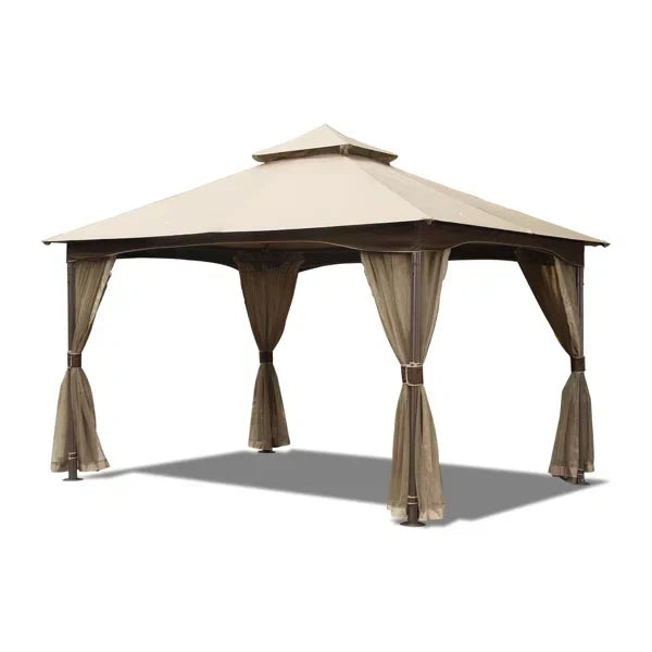 10 ft x 13 ft Patio Gazebo - Metal, Net, Waterproof, Stable, Khaki With Net Metal Frame, Double Roof, Resistance, Waterproof Canopy