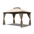 10 ft x 13 ft Patio Gazebo - Metal, Net, Waterproof, Stable, Khaki With Net Metal Frame, Double Roof, Resistance, Waterproof Canopy