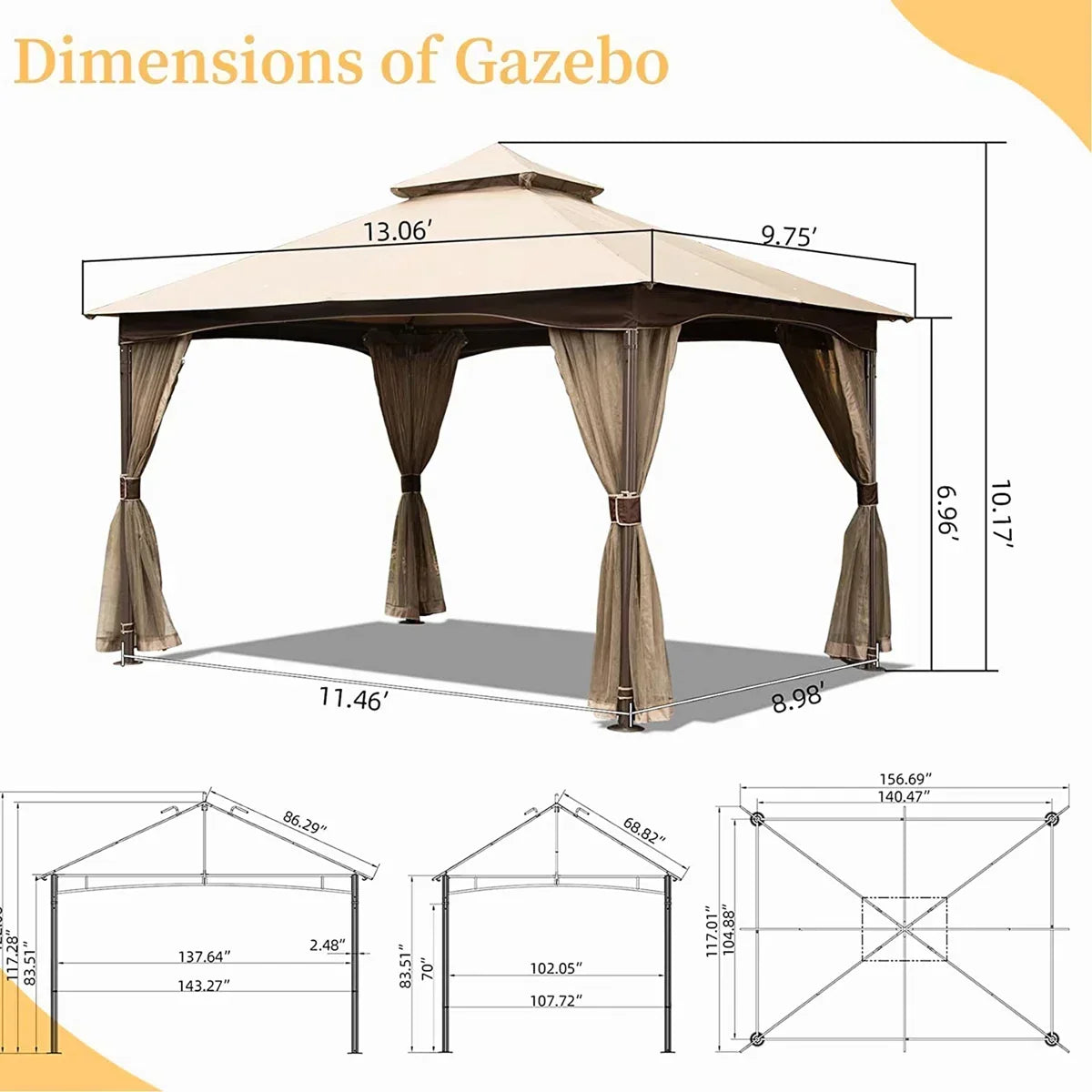 10 ft x 13 ft Patio Gazebo - Metal, Net, Waterproof, Stable, Khaki With Net Metal Frame, Double Roof, Resistance, Waterproof Canopy