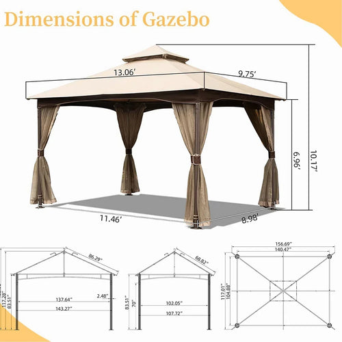 10 ft x 13 ft Patio Gazebo - Metal, Net, Waterproof, Stable, Khaki With Net Metal Frame, Double Roof, Resistance, Waterproof Canopy
