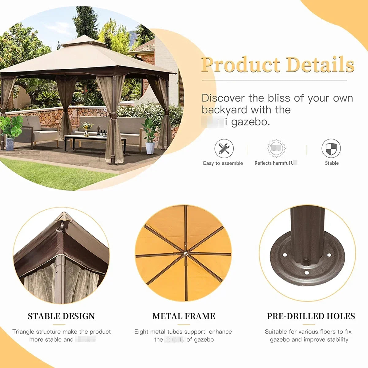 10 ft x 13 ft Patio Gazebo - Metal, Net, Waterproof, Stable, Khaki With Net Metal Frame, Double Roof, Resistance, Waterproof Canopy