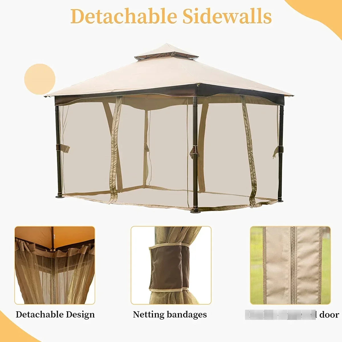 10 ft x 13 ft Patio Gazebo - Metal, Net, Waterproof, Stable, Khaki With Net Metal Frame, Double Roof, Resistance, Waterproof Canopy