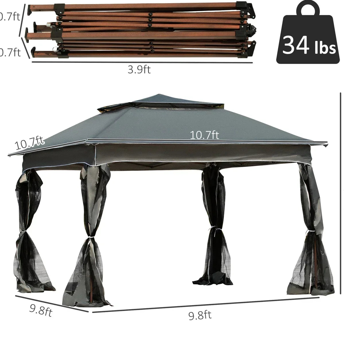 Arlmont & Co 11 ft X Pop Up Canopy Gazebo, Outdoor Patio Shelter With Detachable Zipper Net. Instant Tent For Backyard And Garden. Dark Gray. 114 Sq