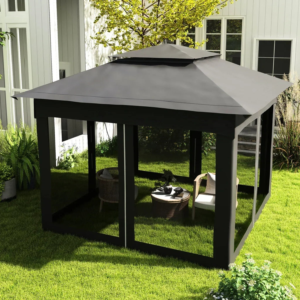 Arlmont & Co 11 ft X Pop Up Canopy Gazebo, Outdoor Patio Shelter With Detachable Zipper Net. Instant Tent For Backyard And Garden. Dark Gray. 114 Sq