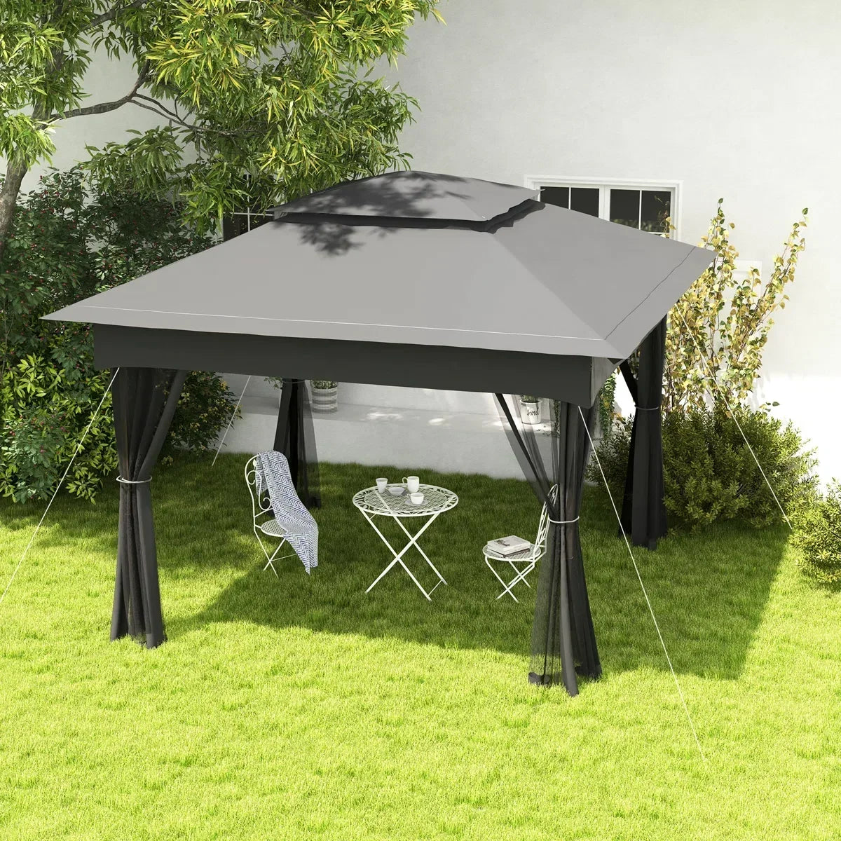 Arlmont & Co 11 ft X Pop Up Canopy Gazebo, Outdoor Patio Shelter With Detachable Zipper Net. Instant Tent For Backyard And Garden. Dark Gray. 114 Sq