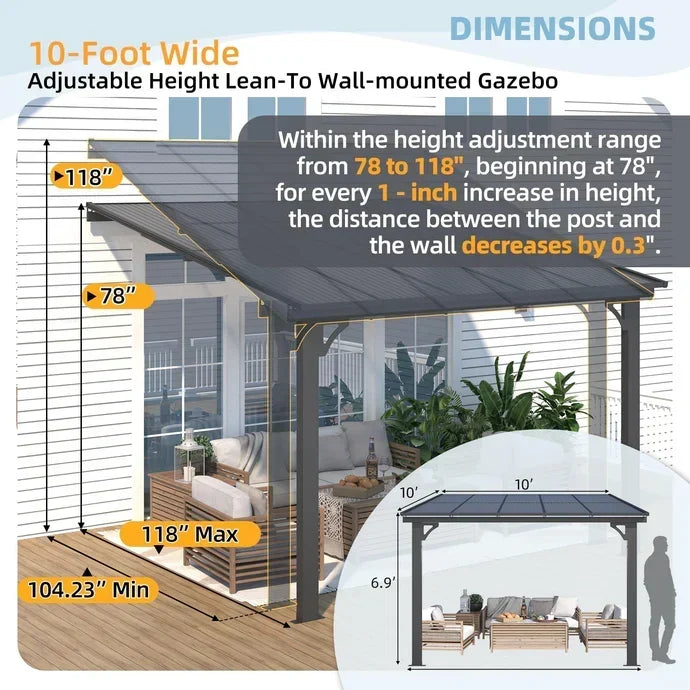 Aecojoy 10 ft x 10 ft Adjustable Height Wall Mounted Outdoor Gazebos Pergola