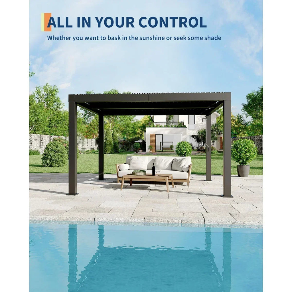 Enjyam Modern Louvered Pergola with Aluminum Frame, Adjustable Louvers & Integrated Drainage, Weather-Resistant Gazebo for Deck or Backyard, 10x12 FT