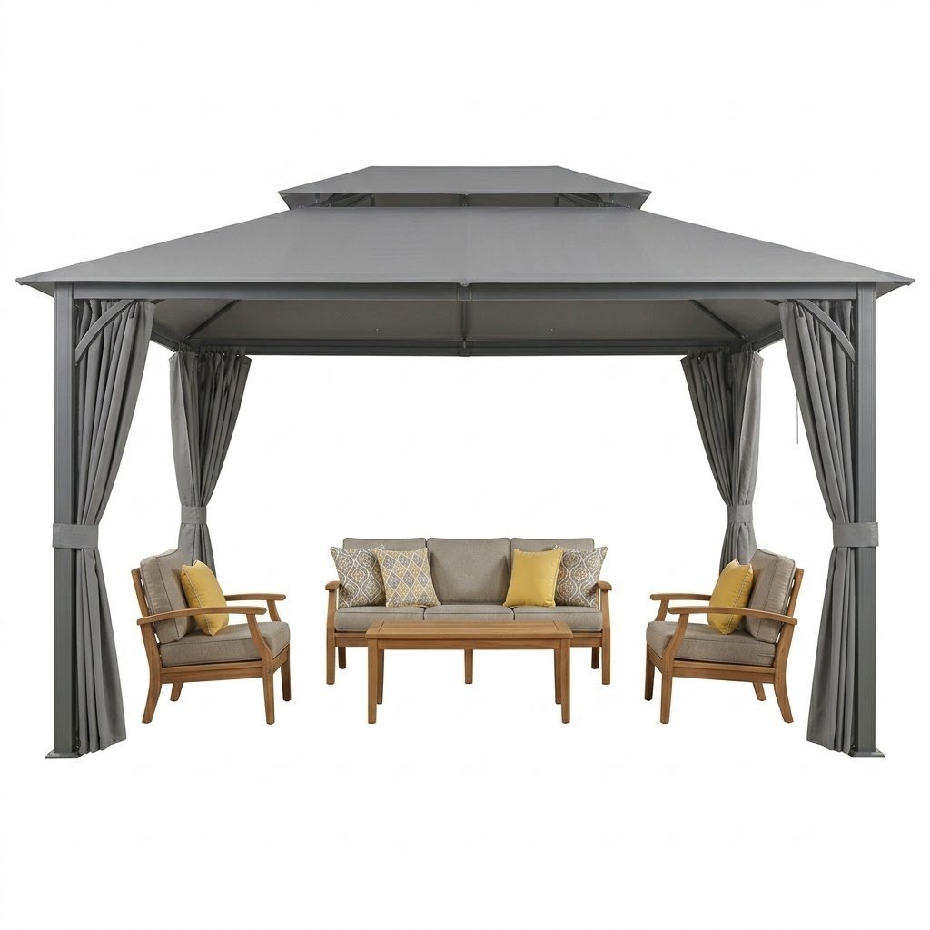 Furmax 13 Ft. W x 10 Ft. D Soft Top Steel Patio Gazebo with 2-Tier Canopy and Zippered Mesh Netting for Outdoor, Patio, Garden, and Backyard