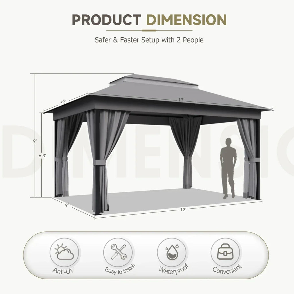 Furmax 13 Ft. W x 10 Ft. D Soft Top Steel Patio Gazebo with 2-Tier Canopy and Zippered Mesh Netting for Outdoor, Patio, Garden, and Backyard