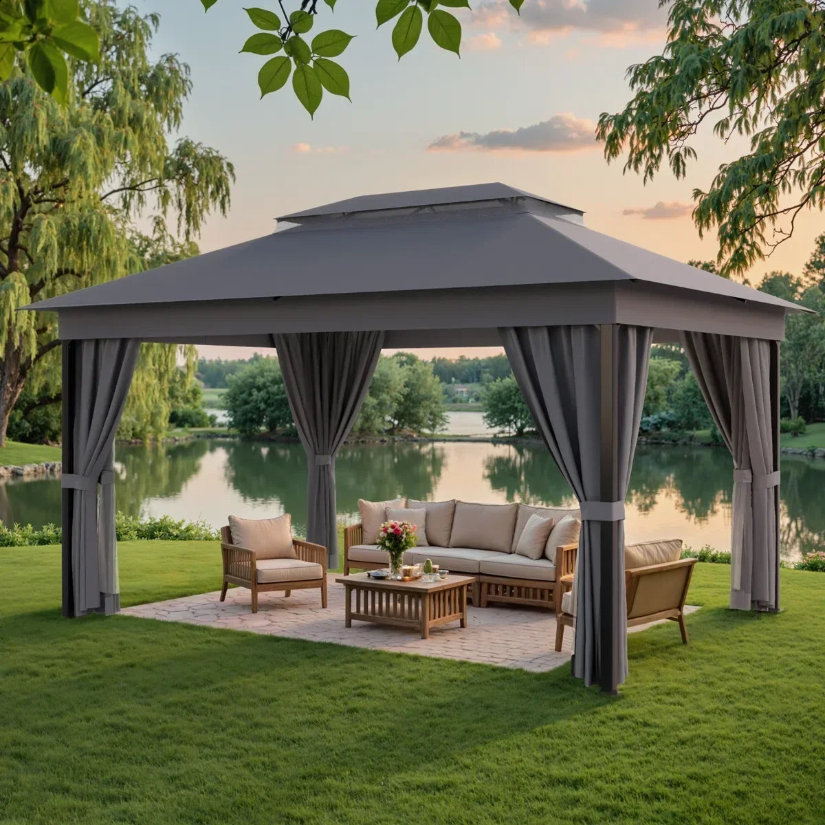 Furmax 13 Ft. W x 10 Ft. D Soft Top Steel Patio Gazebo with 2-Tier Canopy and Zippered Mesh Netting for Outdoor, Patio, Garden, and Backyard