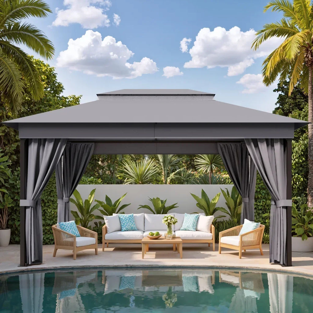 Furmax 13 Ft. W x 10 Ft. D Soft Top Steel Patio Gazebo with 2-Tier Canopy and Zippered Mesh Netting for Outdoor, Patio, Garden, and Backyard