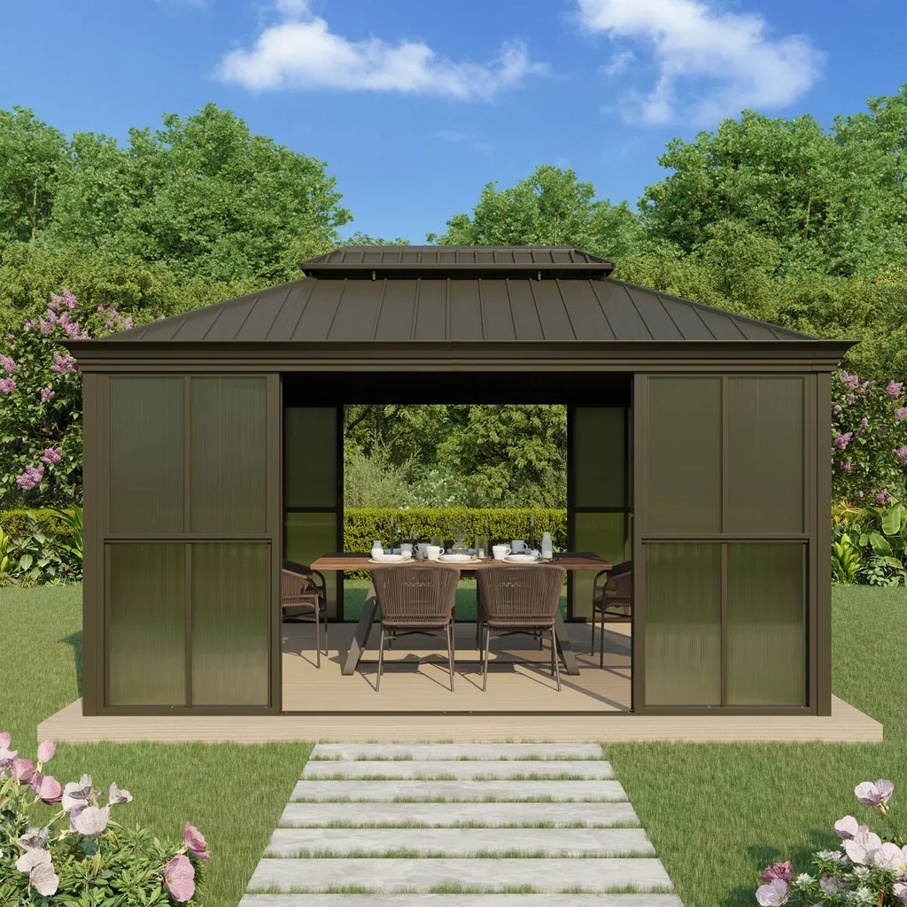 Erommy 14 Ft. W X 12 Ft. D Outdoor Hardtop Gazebo, Double Top Galvanized Steel Roof Aluminum Sunroom