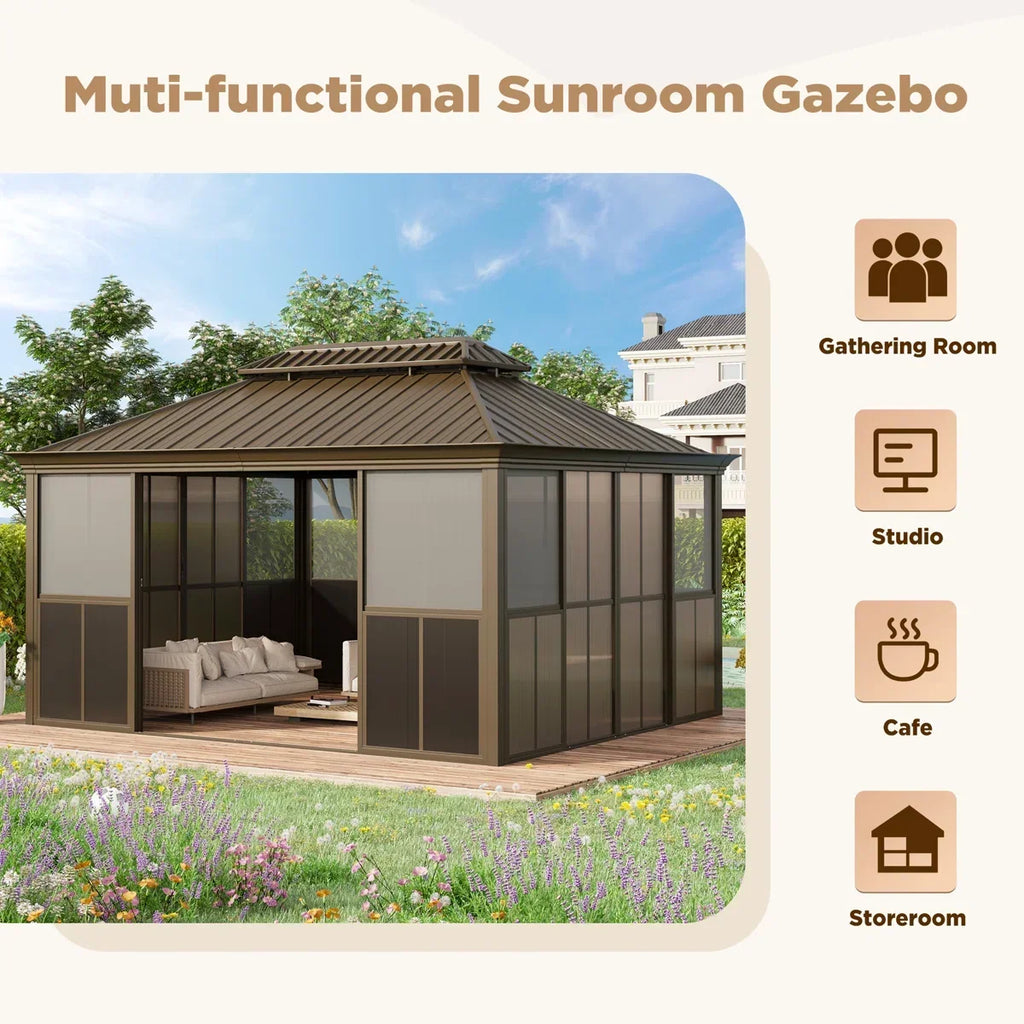Erommy 14 Ft. W X 12 Ft. D Outdoor Hardtop Gazebo, Double Top Galvanized Steel Roof Aluminum Sunroom