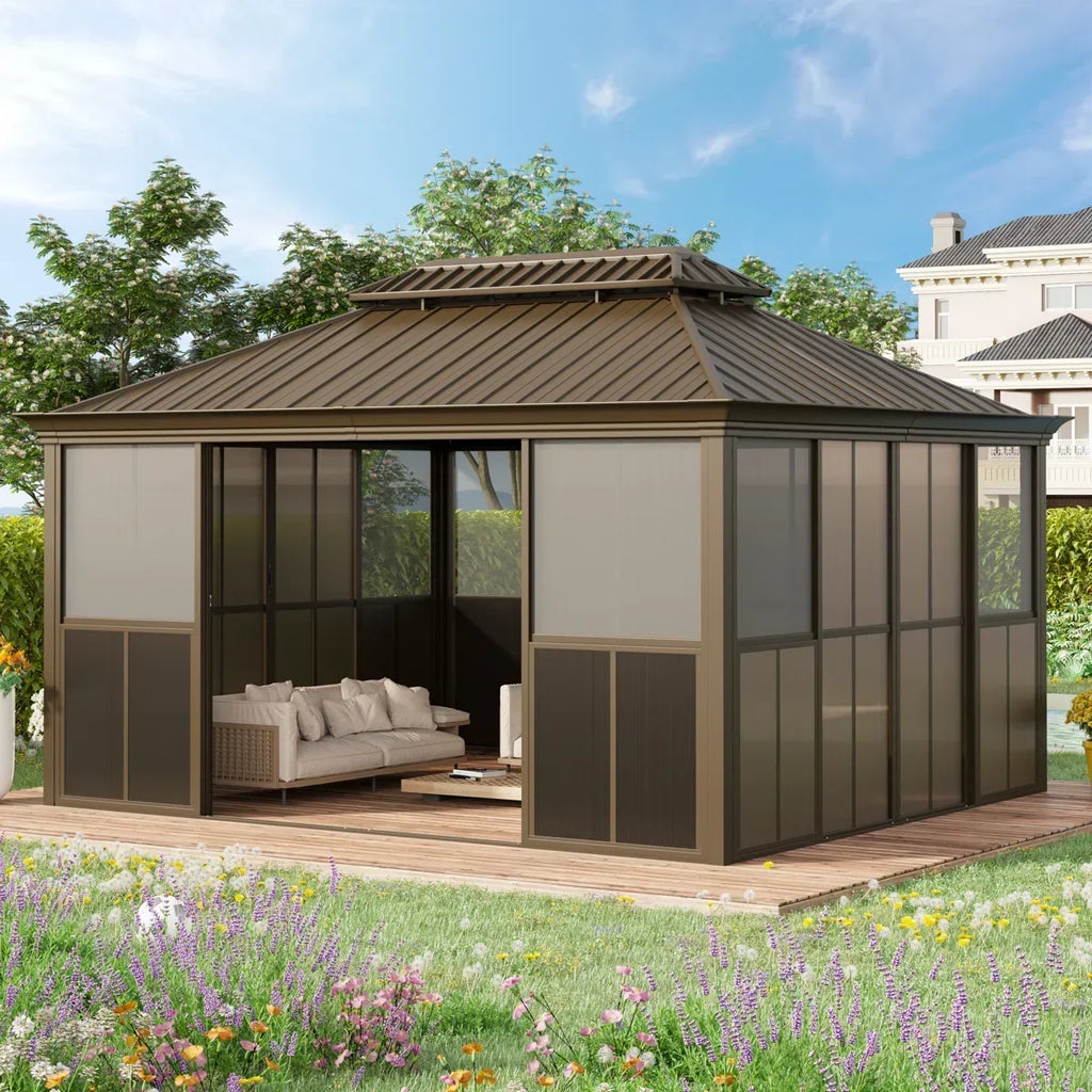 Erommy 14 Ft. W X 12 Ft. D Outdoor Hardtop Gazebo, Double Top Galvanized Steel Roof Aluminum Sunroom