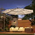 Latitude Run 11 ft Patio Cantilever Umbrella with Wind-Vent, 240g Solution-Dyed Fabric, Solar LED Lights and Weighted Base Included