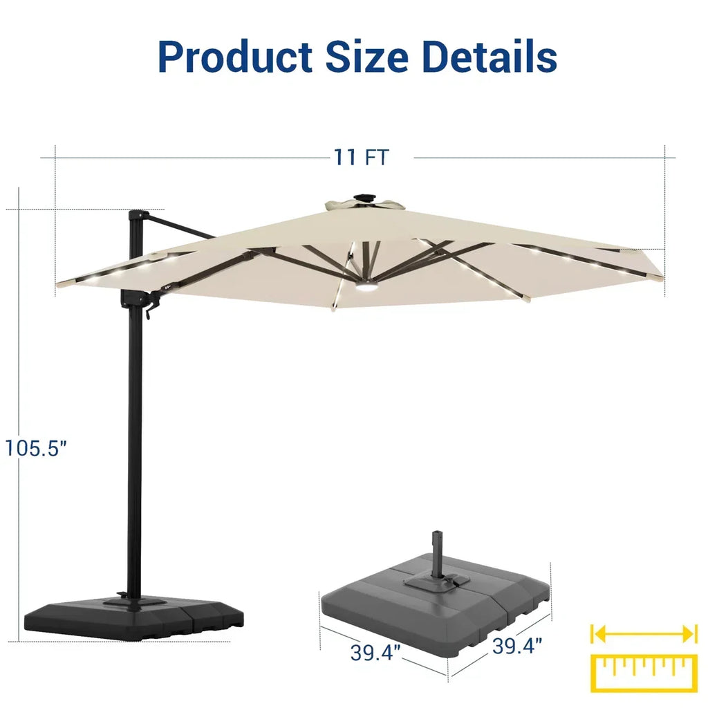 Latitude Run 11 ft Patio Cantilever Umbrella with Wind-Vent, 240g Solution-Dyed Fabric, Solar LED Lights and Weighted Base Included