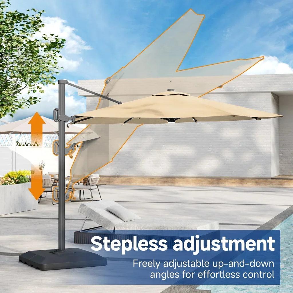 Latitude Run 11 ft Patio Cantilever Umbrella with Wind-Vent, 240g Solution-Dyed Fabric, Solar LED Lights and Weighted Base Included