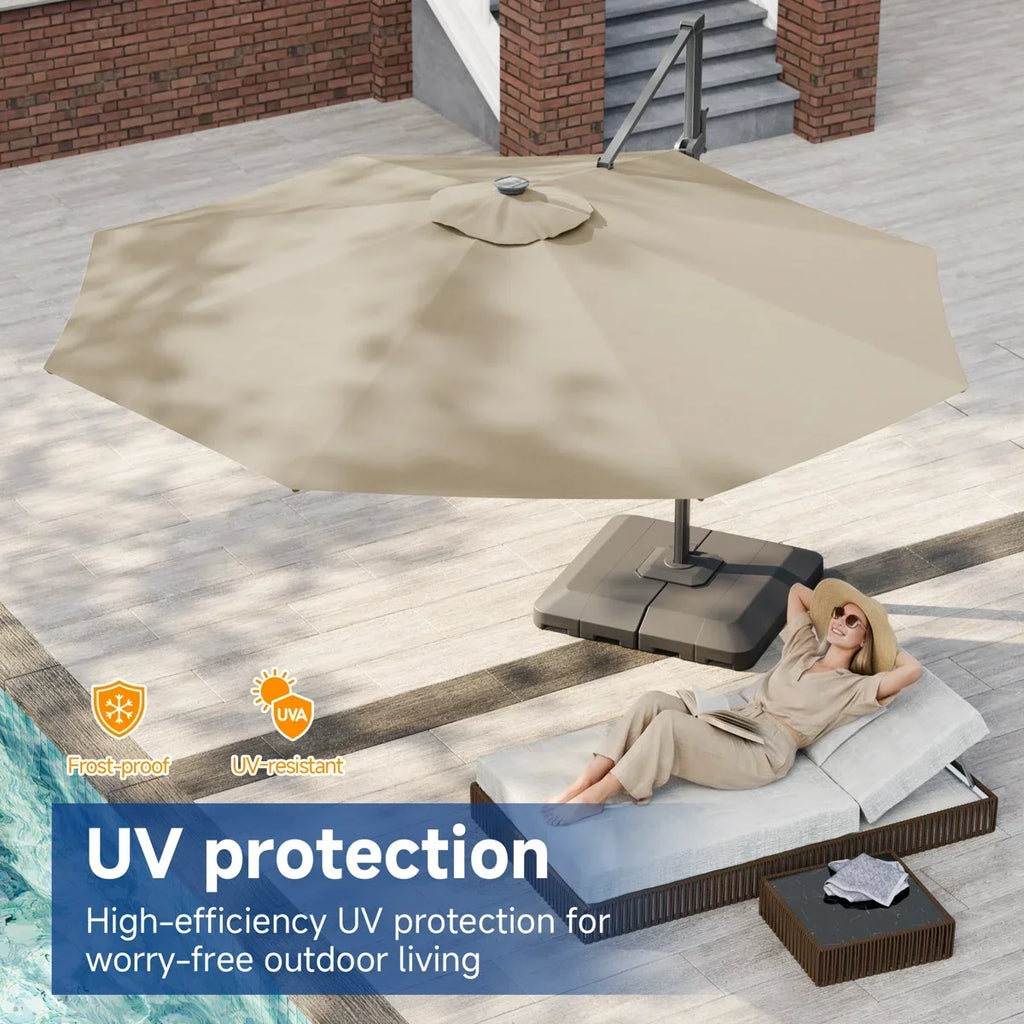 Latitude Run 11 ft Patio Cantilever Umbrella with Wind-Vent, 240g Solution-Dyed Fabric, Solar LED Lights and Weighted Base Included