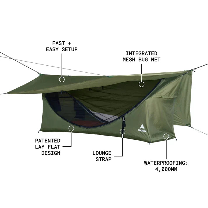 Haven Lay Flat Hammock Tent Waterproof Camping Hammock with Mosquito Net, Insulated Pad and Rainfly - Haven Tent, Haven XL, Haven Safari
