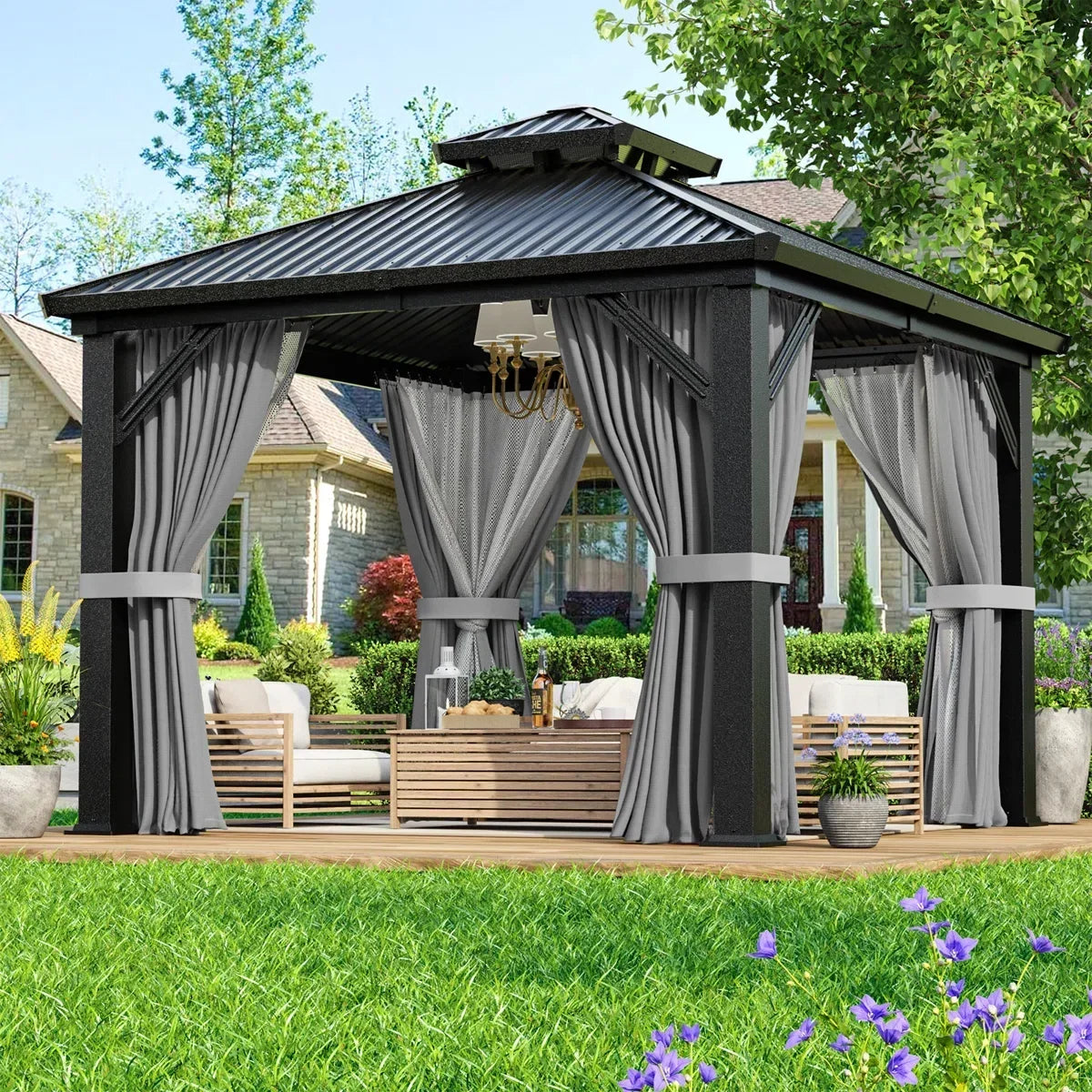 Polar Aurora 10 x 10 ft. Heavy-Duty Aluminum Frame Outdoor Gazebo with Double-Layer Galvanized Steel Roof, All-Weather Metal Gazebo Includes