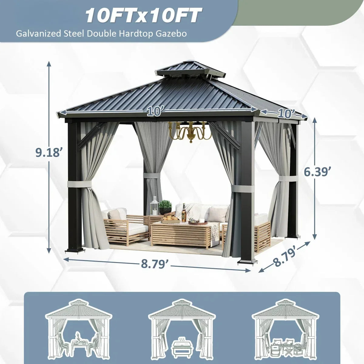 Polar Aurora 10 x 10 ft. Heavy-Duty Aluminum Frame Outdoor Gazebo with Double-Layer Galvanized Steel Roof, All-Weather Metal Gazebo Includes
