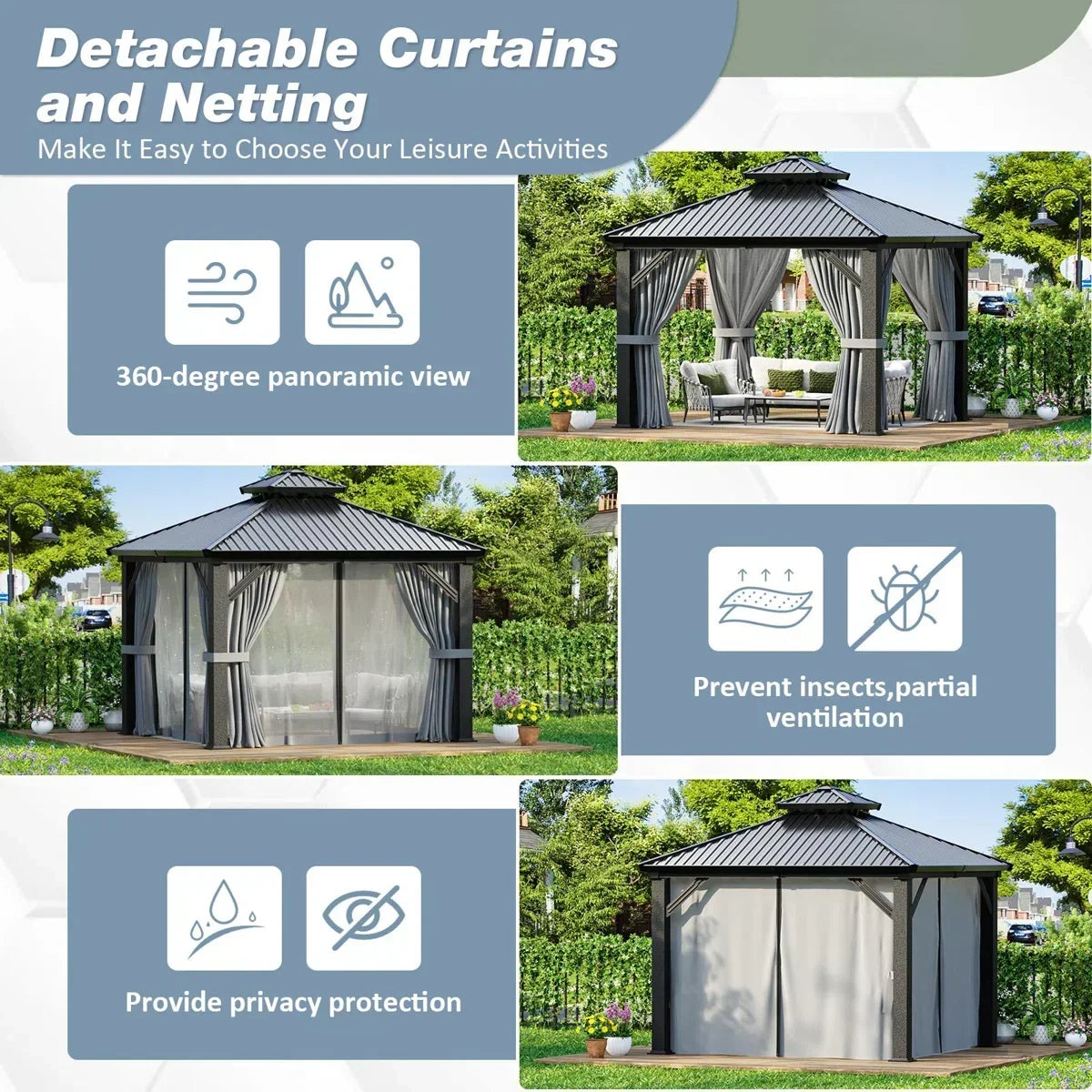 Polar Aurora 10 x 10 ft. Heavy-Duty Aluminum Frame Outdoor Gazebo with Double-Layer Galvanized Steel Roof, All-Weather Metal Gazebo Includes