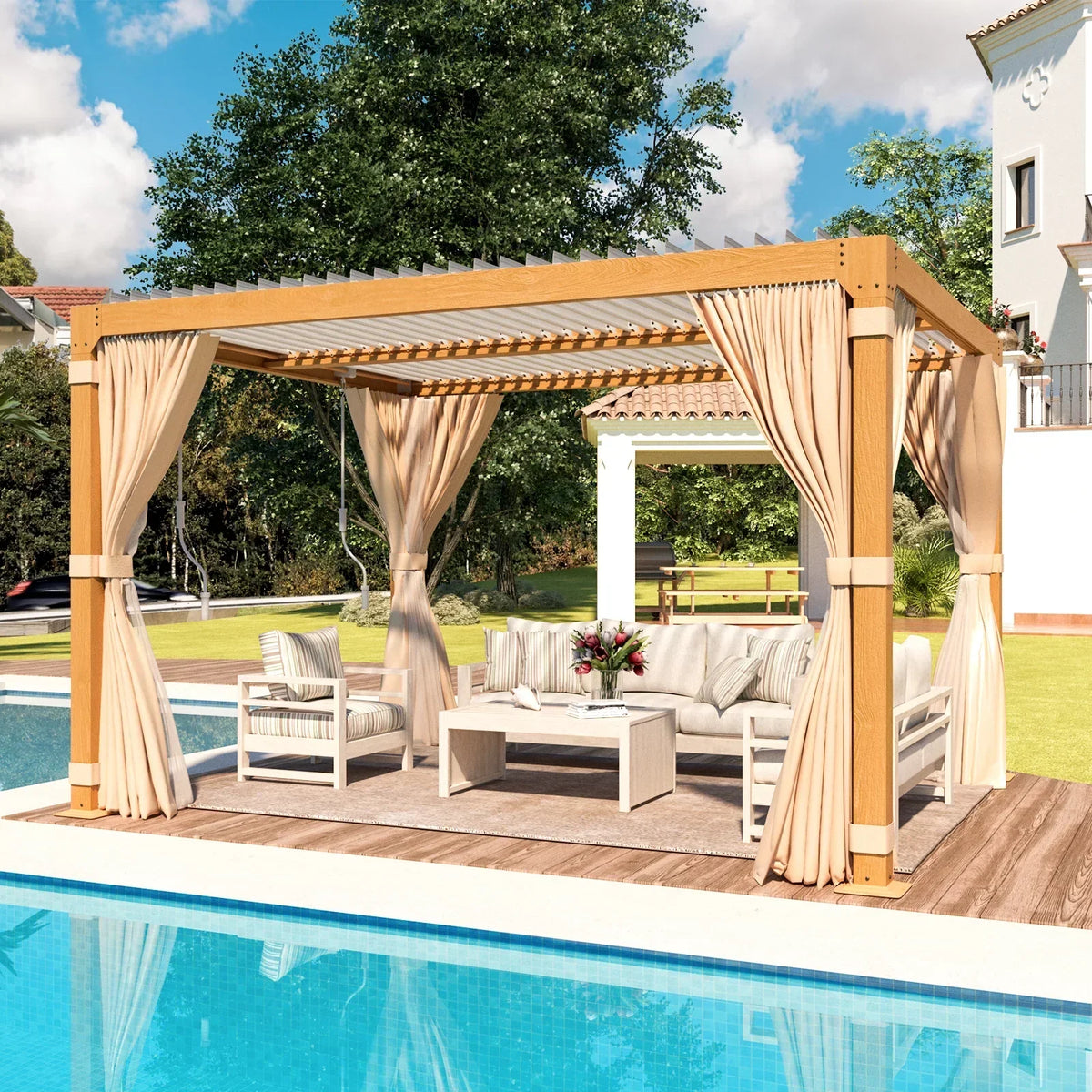 Erommy 10X12 Pergola with Adjustable Louvered Roof - Wood Grain