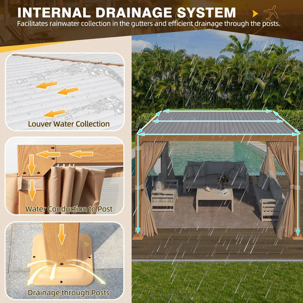 Erommy 10X12 Pergola with Adjustable Louvered Roof - Wood Grain