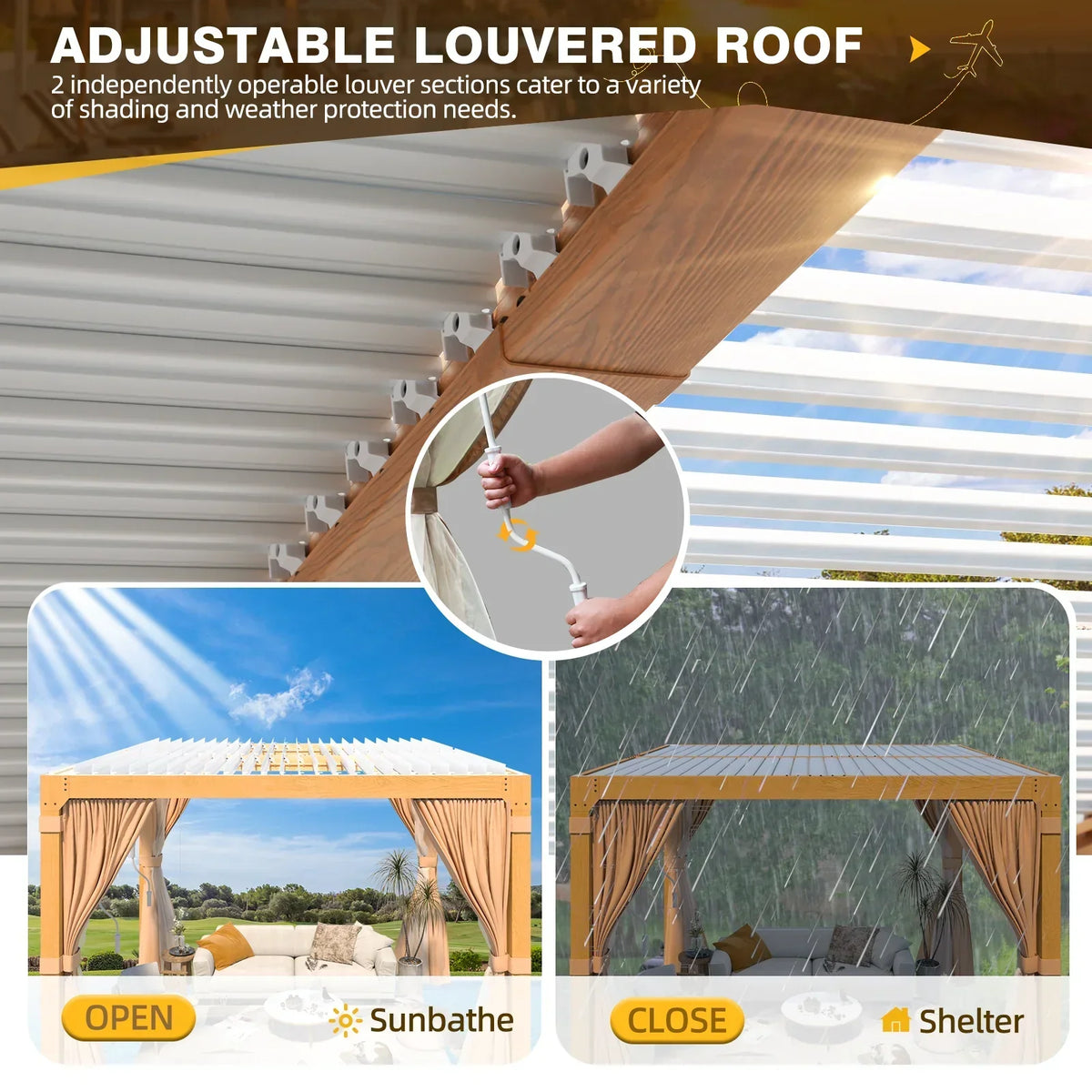 Erommy 10X12 Pergola with Adjustable Louvered Roof - Wood Grain