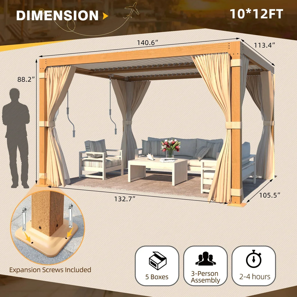 Erommy 10X12 Pergola with Adjustable Louvered Roof - Wood Grain
