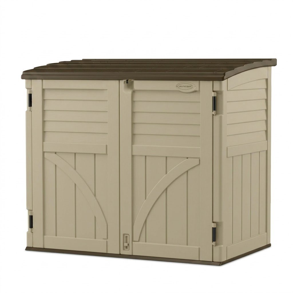 Suncast 34 Cu Ft Horizontal Resin Storage Shed - Outdoor Storage Shed with Floor Included, Lockable, Weatherproof, Fits Small