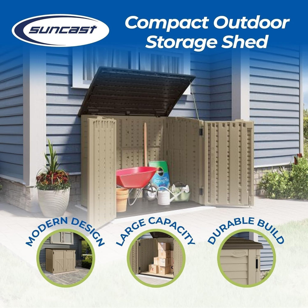 Suncast 34 Cu Ft Horizontal Resin Storage Shed - Outdoor Storage Shed with Floor Included, Lockable, Weatherproof, Fits Small