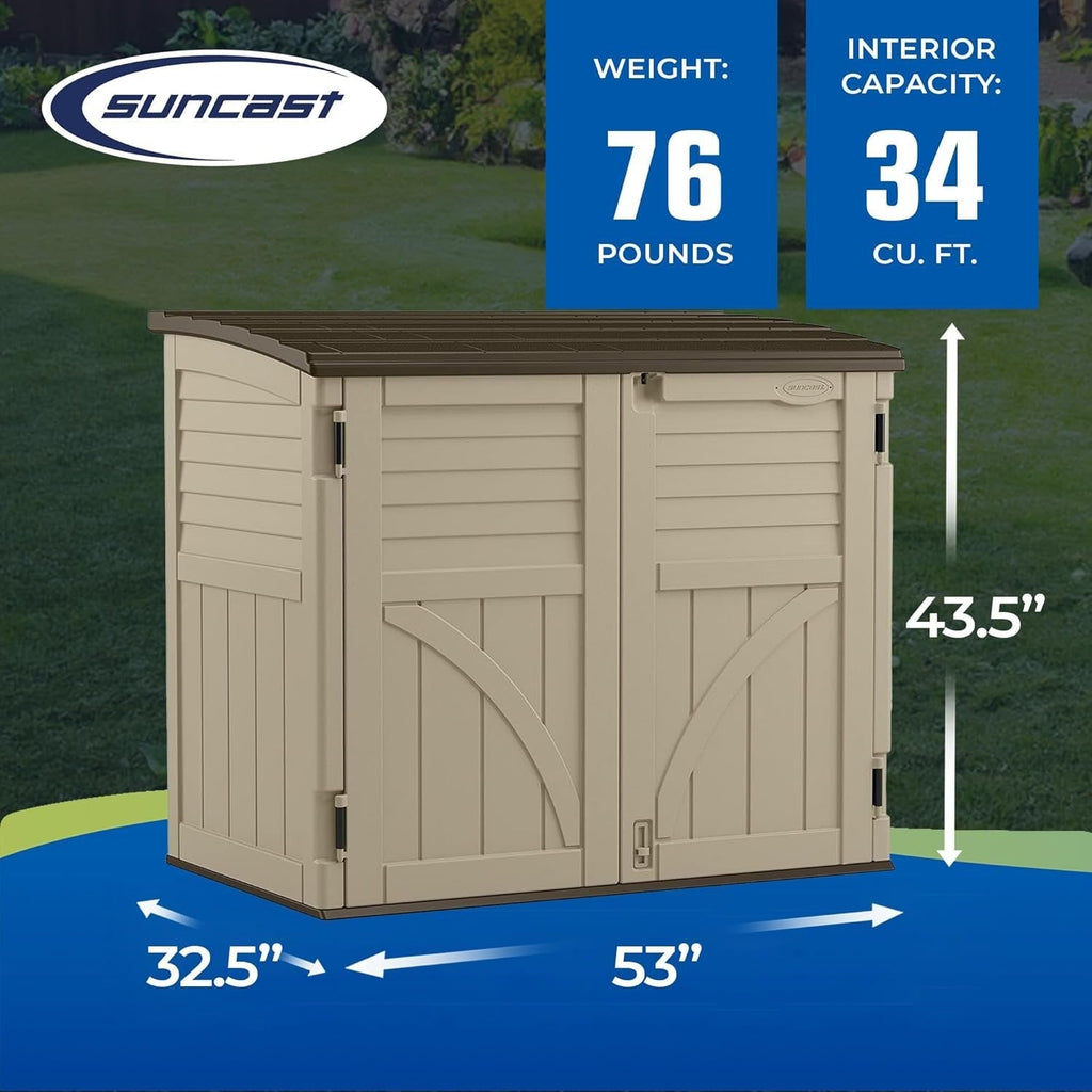 Suncast 34 Cu Ft Horizontal Resin Storage Shed - Outdoor Storage Shed with Floor Included, Lockable, Weatherproof, Fits Small