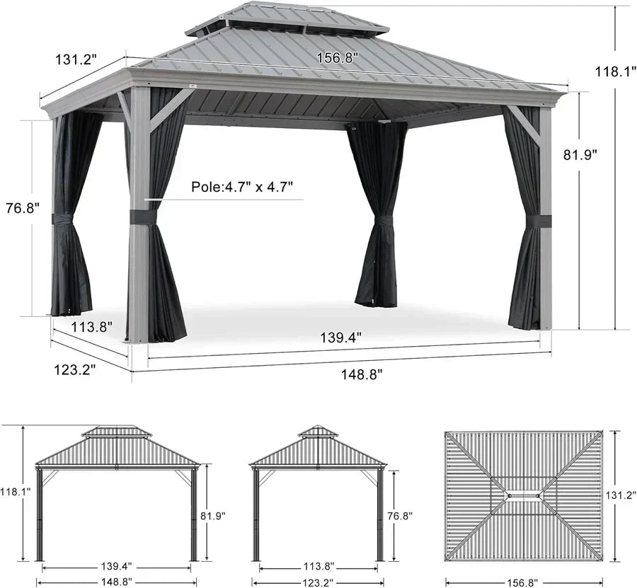 Purple Leaf Patio Gazebo for Pool Light Grey Hardtop Galvanized Steel Roof with Upgraded Curtains