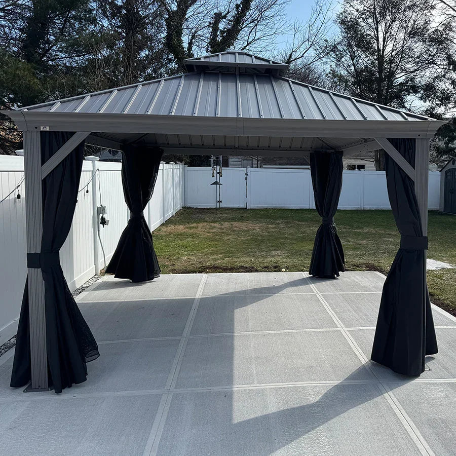 Purple Leaf Patio Gazebo for Pool Light Grey Hardtop Galvanized Steel Roof with Upgraded Curtains