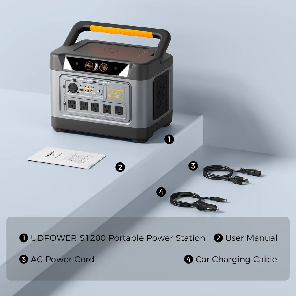 UDPOWER S1200 Portable Power Station - 1200W, 400W Solar Input, UPS