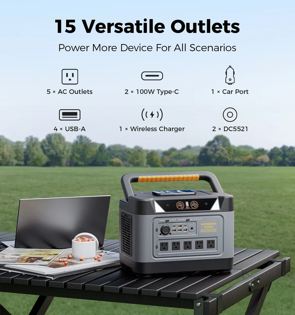 UDPOWER S1200 Portable Power Station - 1200W, 400W Solar Input, UPS