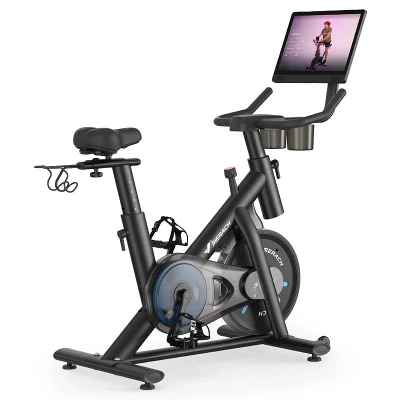 Merach S26 Aura Indoor Exercise Bike with 15.6 in Full HD Rotating Touchscreen, Phone Mirroring, 8 Resistance Levels, 8-Way Adjustable Seat