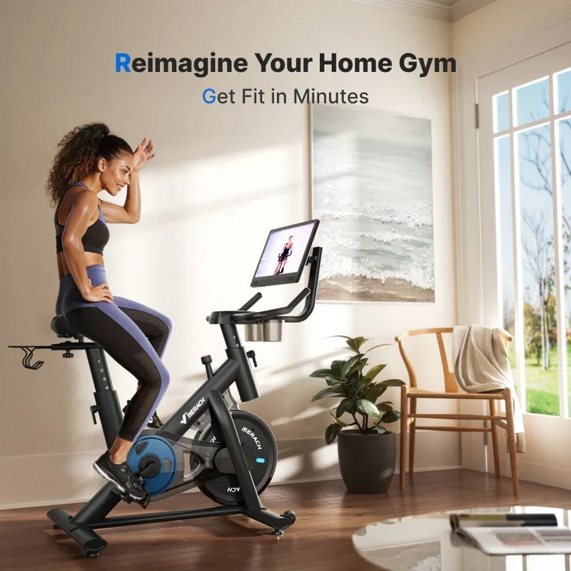 Merach S26 Aura Indoor Exercise Bike with 15.6 in Full HD Rotating Touchscreen, Phone Mirroring, 8 Resistance Levels, 8-Way Adjustable Seat