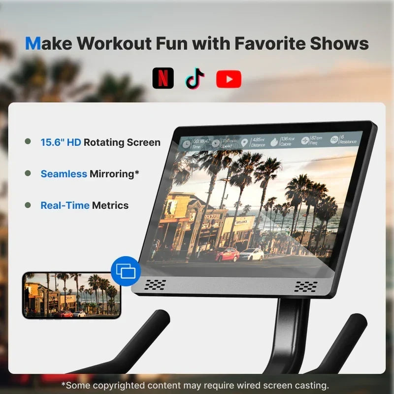 Merach S26 Aura Indoor Exercise Bike with 15.6 in Full HD Rotating Touchscreen, Phone Mirroring, 8 Resistance Levels, 8-Way Adjustable Seat