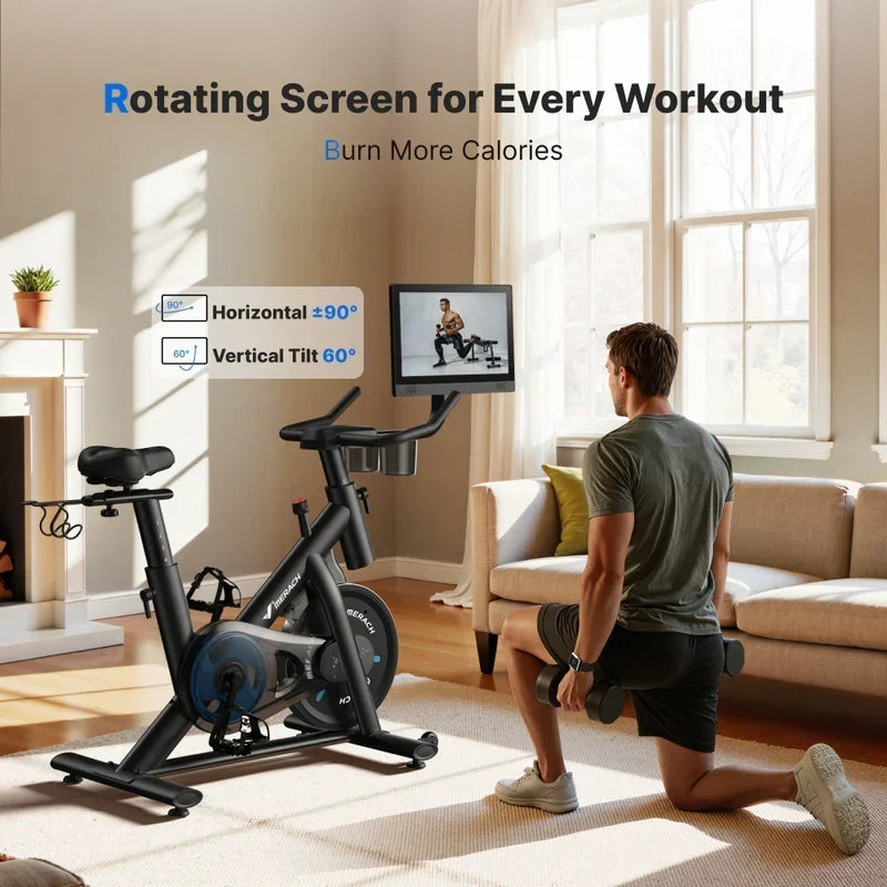 Merach S26 Aura Indoor Exercise Bike with 15.6 in Full HD Rotating Touchscreen, Phone Mirroring, 8 Resistance Levels, 8-Way Adjustable Seat