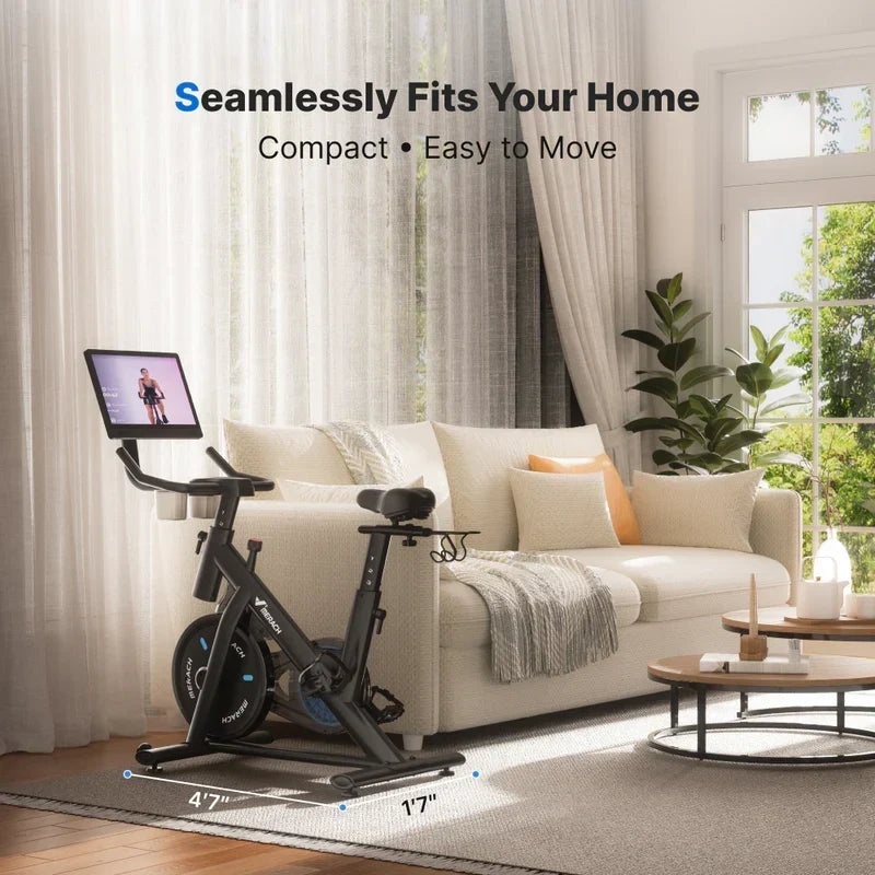 Merach S26 Aura Indoor Exercise Bike with 15.6 in Full HD Rotating Touchscreen, Phone Mirroring, 8 Resistance Levels, 8-Way Adjustable Seat
