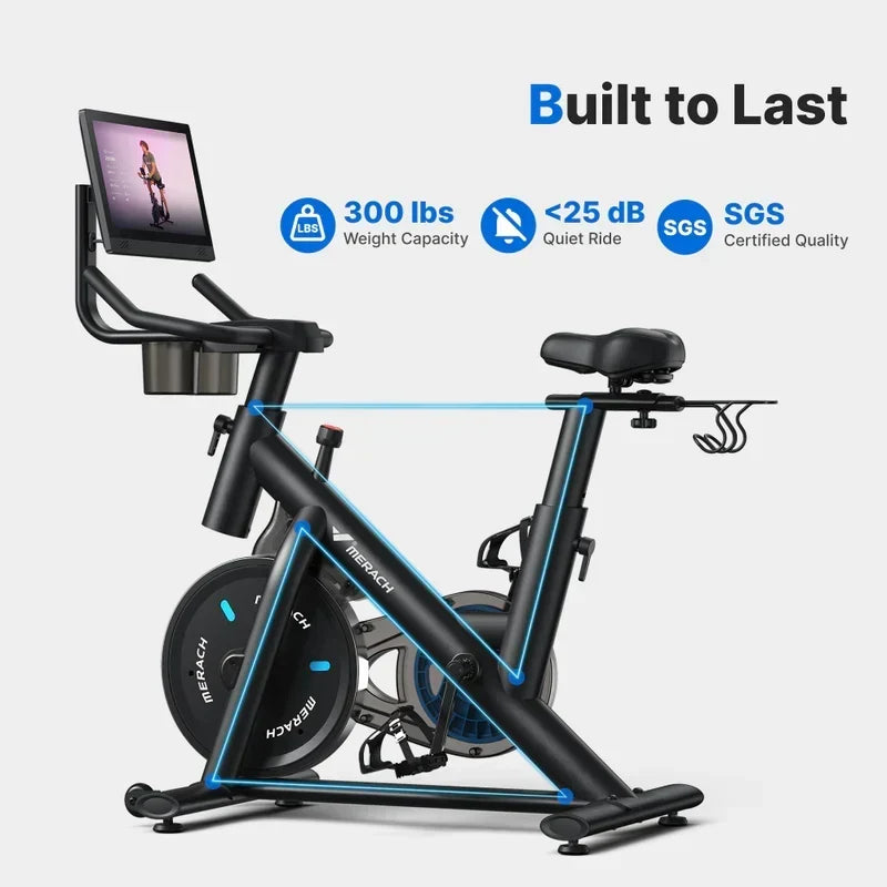 Merach S26 Aura Indoor Exercise Bike with 15.6 in Full HD Rotating Touchscreen, Phone Mirroring, 8 Resistance Levels, 8-Way Adjustable Seat