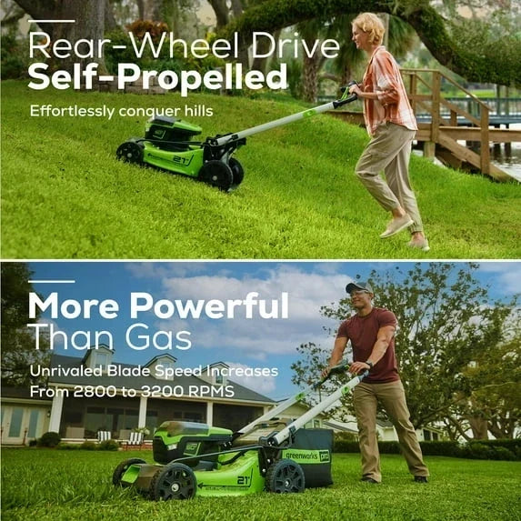 Greenworks 60V 21 in Brushless Self-Propelled Battery Powered Lawn Mower + (2) 4.0Ah Batteries & Dual Port Charger