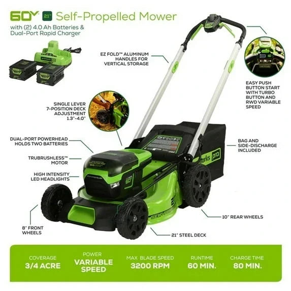 Greenworks 60V 21 in Brushless Self-Propelled Battery Powered Lawn Mower + (2) 4.0Ah Batteries & Dual Port Charger