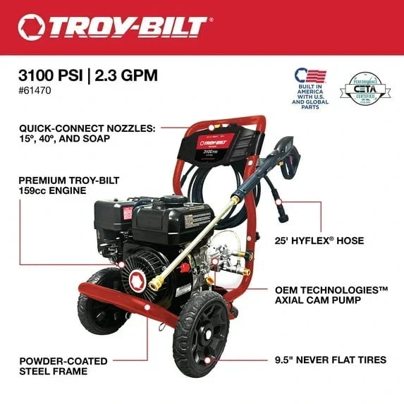 Troy-Bilt 3100 PSI Gas Pressure Washer with 2.3 GPM Axial Cam Pump