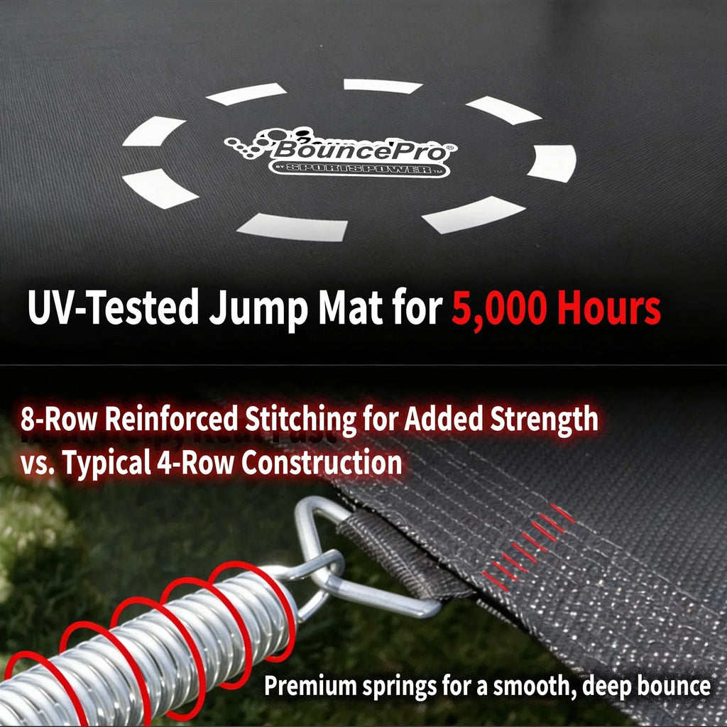 Sportspower BouncePro 14 ft Trampoline Meets ASTM Safety Standards, Heavy-Duty Rust-Resistant Steel Frame, UV-Resistant Jump Mat & Safety Net